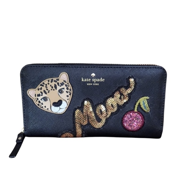 Kate spade meow cat tiger long wallet glitter sequins embroidered novelty - Picture 9 of 10